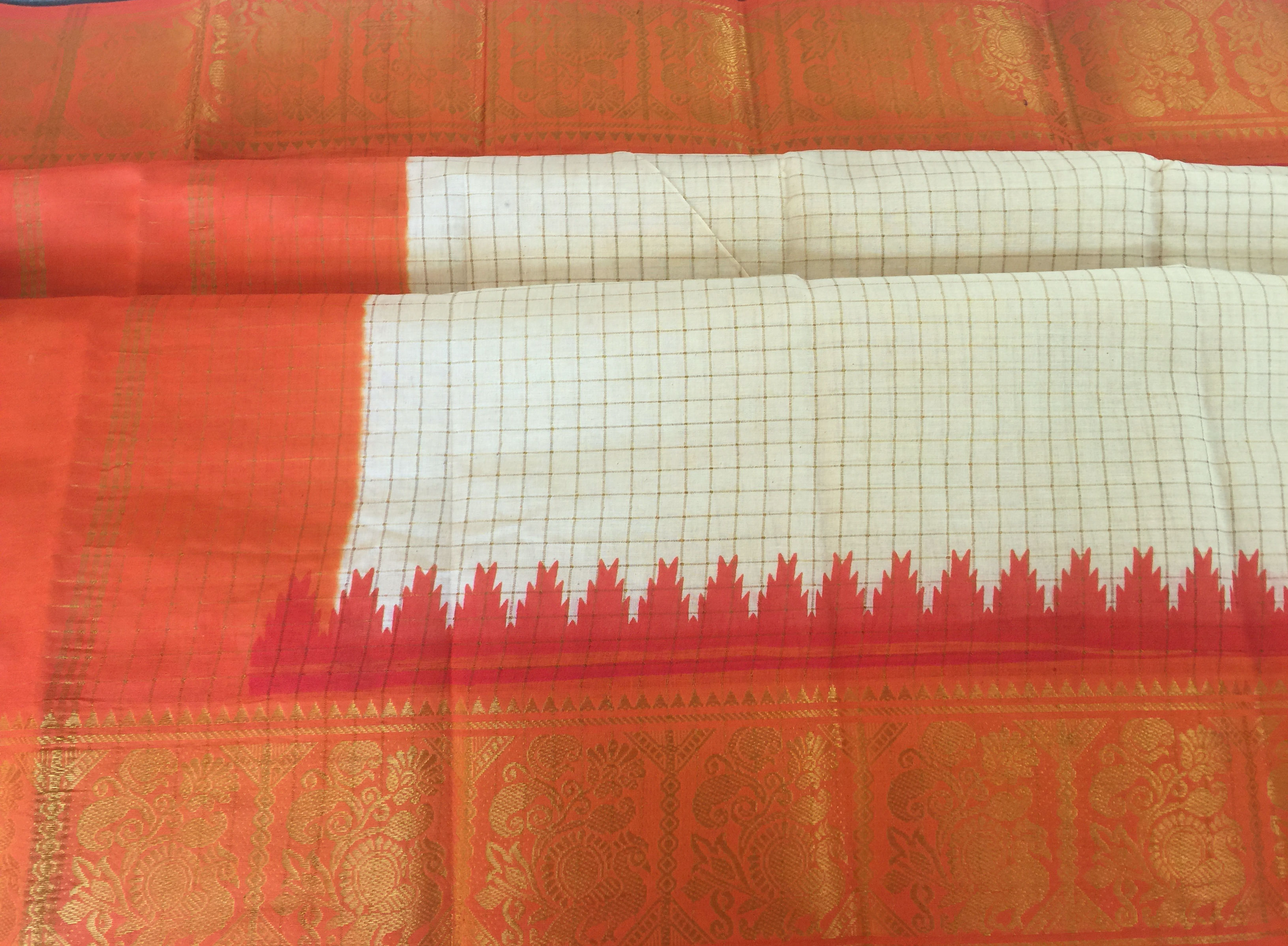 Madurai Cotton Cream and Orange with Blouse Fabric